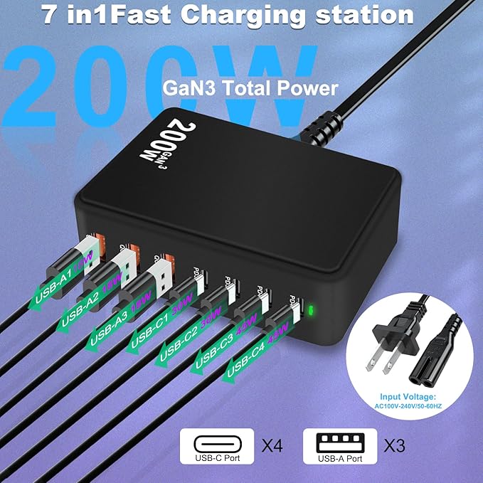 USB C Charger Charging Station 200W 7-Port GaN Fast Charging Block PD 3.0 TypeC and USB A Wall Charger Laptop Power Adapter for All iPhone16/15/14 iPad Samsung Android Pixel Series (Black)