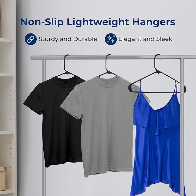 SereneLife 100 Pack Black Plastic Hangers – Ultra Lightweight Non-Slip Slim Clothes Hanger Set for Shirts, Pants, Coats & Dresses – Heavy Duty Space Saving Closet Organizer