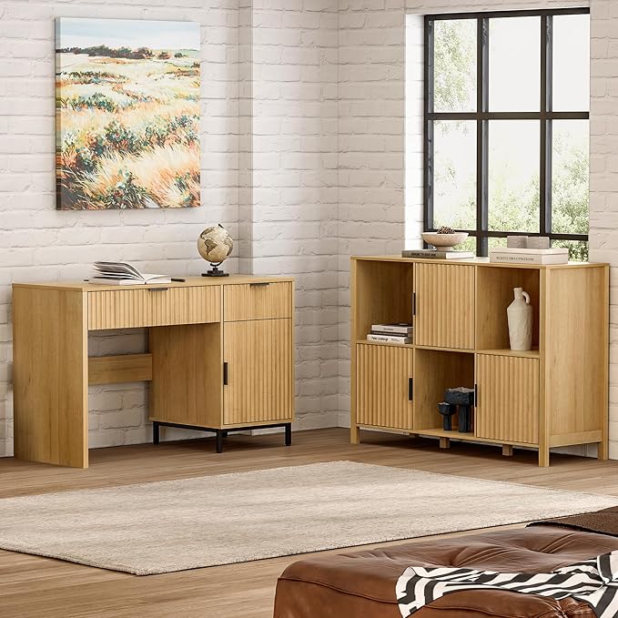 Fluted Storage Bookshelf, Modern Wooden 6 Cube Bookcase with Doors and Open Shelf, 2-Tier Short Organizer Shelf for Living Room, Bedroom Natural Oak
