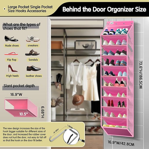 10 Tier Over The Door Organizer - Heavy Duty Hanging Storage Rack with Sturdy Oxford Fabric, Holds 20+ Pairs of Footwear, Boots & Sneakers, Saves 50% Closet Space! (Pink)