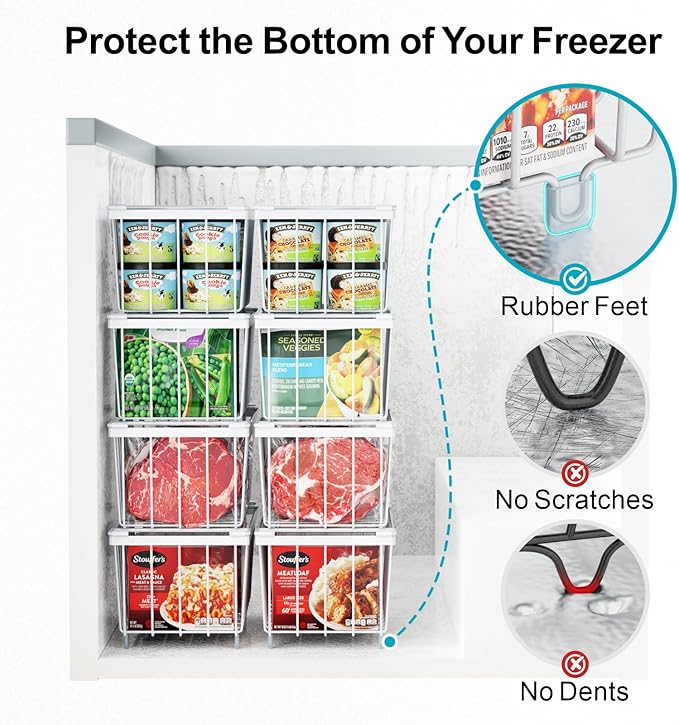 iSPECLE Deep Freezer Organizer Bins - 4 Pack Stackable Small Freezer Organizer Bins for 5 to 7 Cu.FT Small Chest Freezer Sort Frozen Food Easy to Get Food from Bottom without Digging in Freezer, White