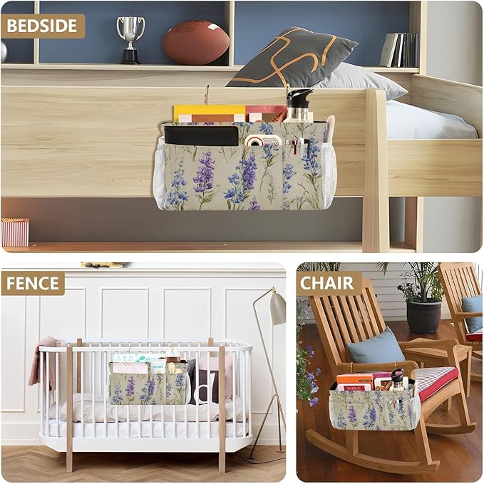 Bluebonnet Lavender Bedside Caddy for Dorm Bed Bedside Hanging Caddy Bag Iron Frame Storage Organizer Pocket for Bunk Home College Hospital Beds 2 Hooks