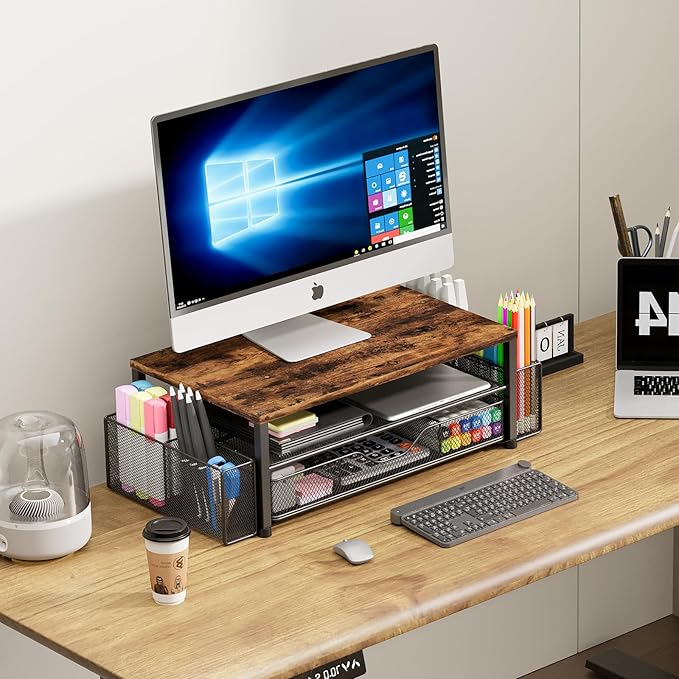 OPNICE Desk Organizers and Accessories, 2-Tier Computer Monitor Stand Riser with Drawer and 2 Pen Holders, Laptop Stand, Office Desk Accessories for Office Supplies, Brown