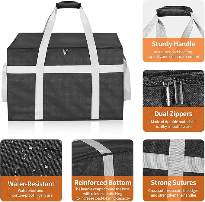 XXXL 2 Pack Insulated Food Delivery Bag with Removable Hard Bottom, Reusable Insulated Grocery Bag for Hot and Cold Food, Catering Cooler for Doordash, Warmers, Parties (Black+Red)
