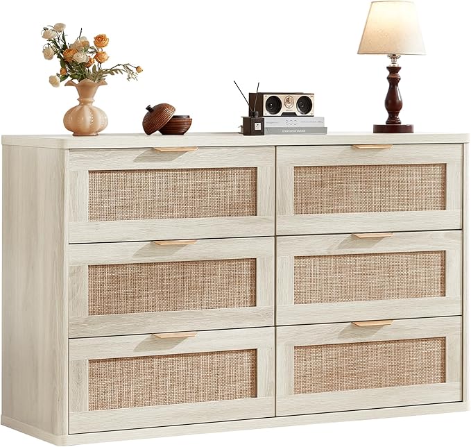 LEYAOYAO Rattan Dresser for Bedroom Set of 2, Boho 48" Wide White Dresser Chest of Drawers, Dressers TV Stand with Metal Handle, Storage Dressers Closet Organizer for Living Room, Hallway