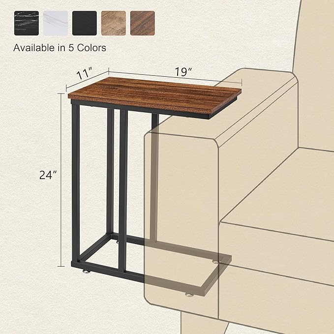 VECELO C Shaped End Side Table for Sofa Couch and Bed Snack TV Tray for Living Room Bedroom, 1 PCS Brown