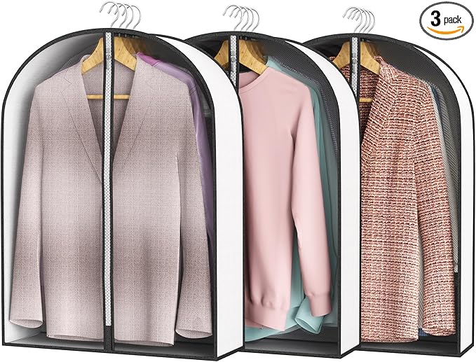 32” Garment Bags for Hanging Clothes 4” Gusseted - with Clear Window, Breathable Fabric, Metal Zipper, Suit Coat Fur Protector for Closet storage, clothes Season Off, Moving, 3 Pack
