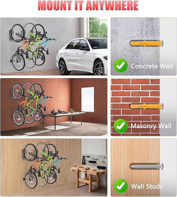 Swivel Bike Wall Mount, Space Saving Bike Rack Garage, No Heavy Lifting Required Bicycle Wall Mount, Vertical Wall Bike Hanger Can Holds up to 77 lbs, Red