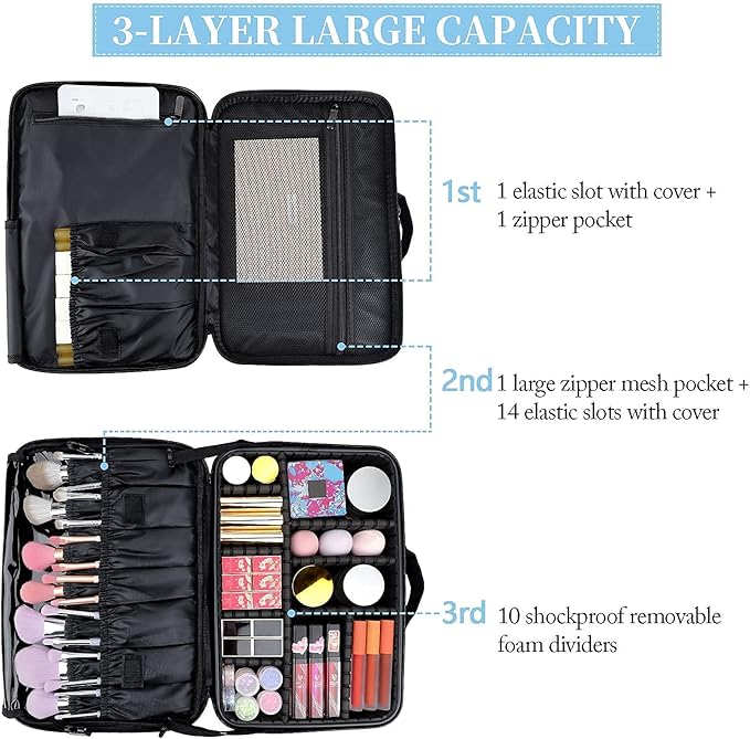 JOURMON Travel Makeup Train Case,Large Capacity Cosmetic Bags for Women,Portable Makeup Bag Organizer with Adjustable Dividers & Shoulder Strap
