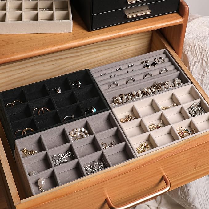 Frebeauty Jewelry Organizer Tray,Stackable Velvet Jewelry Trays,Drawer Inserts Earring Organizer For Women Jewelry Storage Display Case for Rings Stud Necklaces,8.3 x 4.9 x 1 Inches (Pink)
