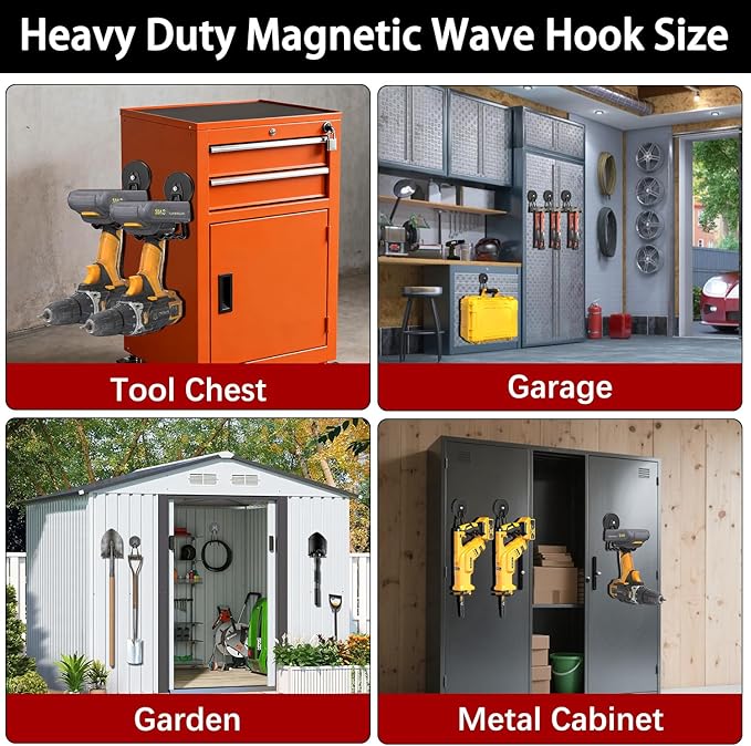 3-H Magnetic Wave Hooks Heavy Duty 4 Pack, Large Magnet Garage Hooks Heavy Duty and Strong Utility Magnetic Tool Holde for Hanging and organizing Garden Power Tool (Black