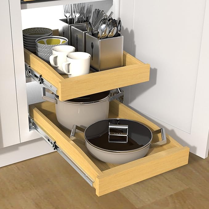 Wooden Pull out Cabinet Organizer 14" W x 21" D x 3.35" H, Heavy Duty Slide Out Drawers Pull-Out Home Organizers for Kitchen Cabinets