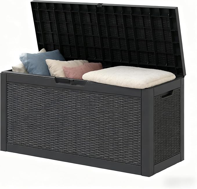 60 Gallon Outdoor Storage Deck Box Waterproof,Large Resin Storage Container for Outside,Patio Accessories for Outsid,Backyard Delivery Boxes,Lockable Lid,Rattan Gray
