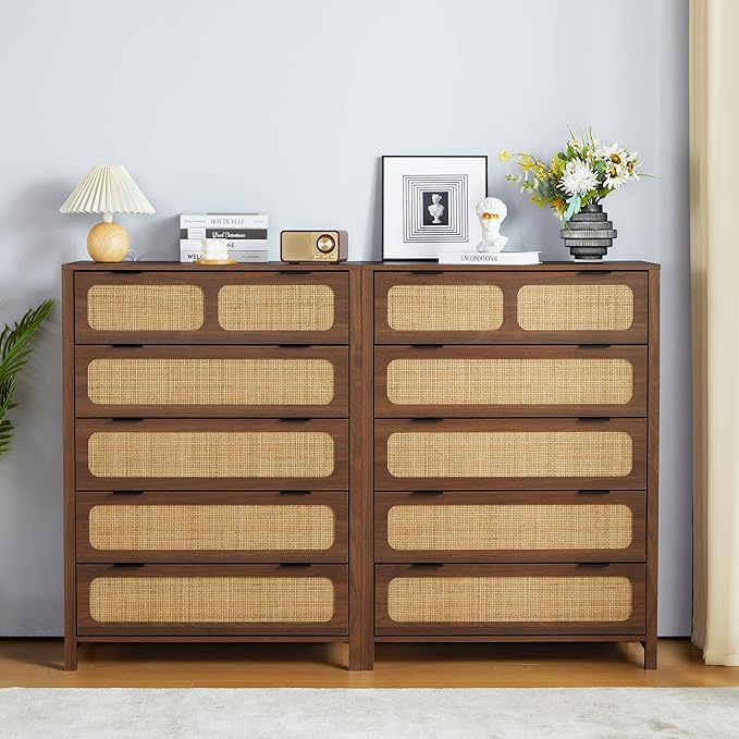 5 Drawer Dresser with Rattan Finish, Modern Farmhouse Chest of Drawers with Metal Handles, Accent Wood Storage Cabinet for Bedroom, Living Room (Walnut)