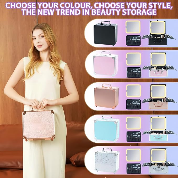 Makeup Organizer Box with Detachable Lighted Mirror, Travel Train Cosmetic Case, Adjustable Divider Storage Bag, Portable Artist Storage Suitcase with Magnetic LED Mirror (Rose Gold)