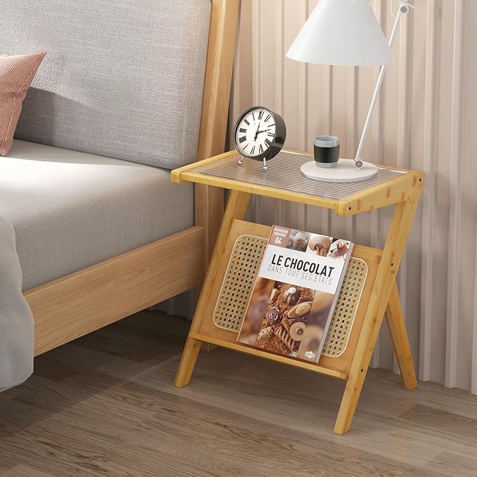 GOFLAME Rattan Side Table, Z-Shaped End Table with Tempered Glass Top, Magazine Rack, Boho Night Stand, Small Coffee Table, Bamboo Accent Bedside Table for Living Room, Bedroom, Natural