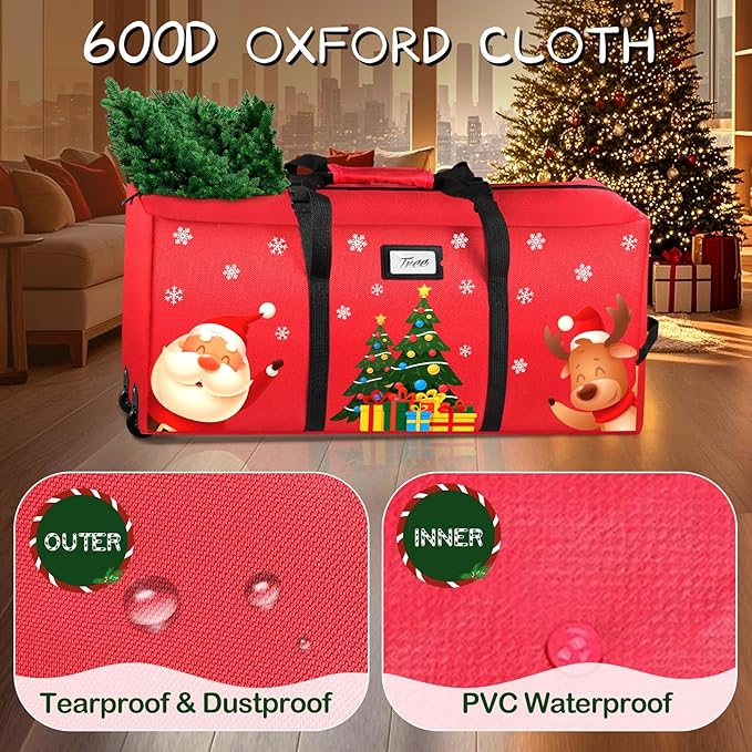 Christmas Tree Storage Bag, Fits Up to 9Ft Xmas Disassembled Tree, Heavy Duty 600D Oxford Christmas Tree Bag Storage Box with Rolling Wheels & Handles, Large Tree Bags for Storage (Red)