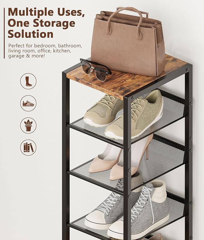 8 Tiers Vertical Shoe Rack, Corner Shoe Storage Organizer, Narrow Shoe Tower for 6 Pairs, Space Saving Sturdy Metal Shoe Shelf, Adjustable, Freestanding, for Entryway, Hallway, Living Room, Bedroom