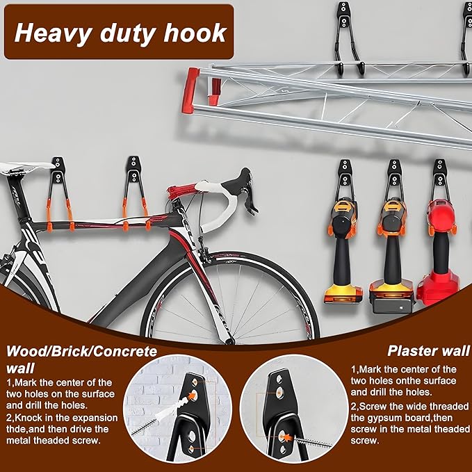 16 Pack Steel Wall Mount Garage Storage Hooks Heavy Duty | Anti-Slip Coating | Bikes | Storage Organizer | Ropes | Hose | Garden Tools