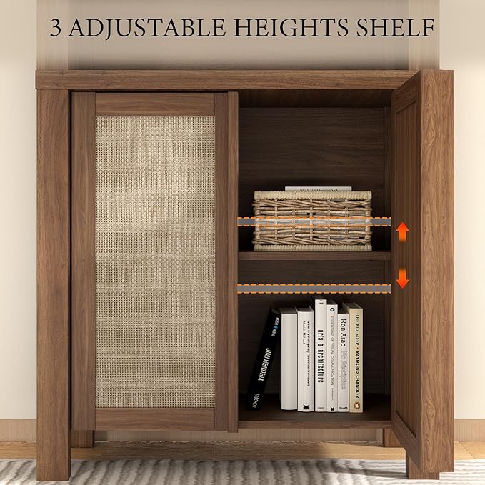 Yechen Arched Bookcase, 70.5" Tall Bookcase with Storage, Mid-Century Modern 5 Tier Bookshelves with Door, Boho Rattan Bookshelf for Living Room Kitchen Office Bedroom Library, Dark Walnut,1 PCS