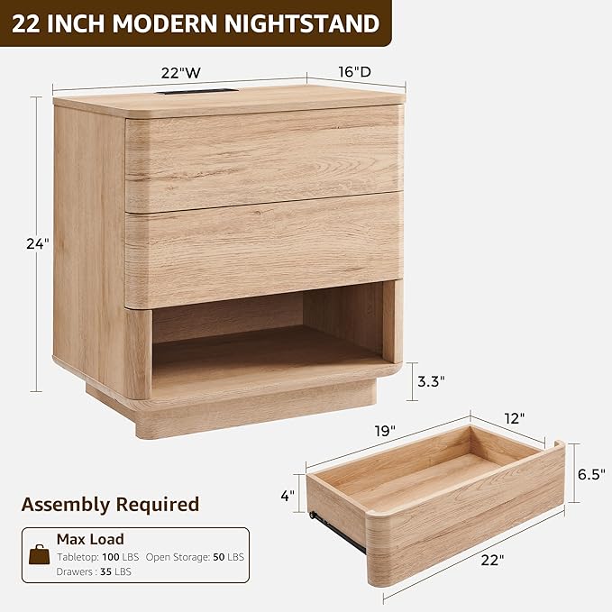 ACCOHOHO Nightstand with Charging Station, 22" Push-to-Open Bedside Table with 2 Storage Drawers, Large Modern End Table for Bedroom,Living Room,Natural Oak