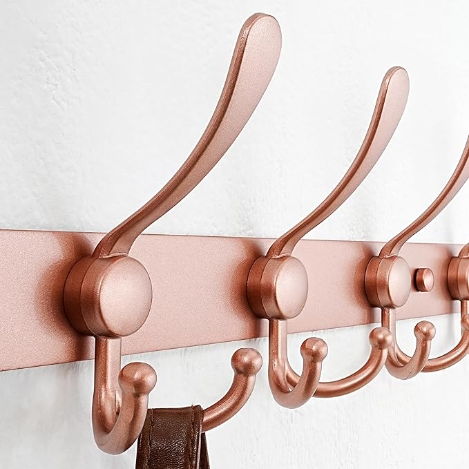 Dseap Coat Rack Wall Mount - 29.5” Long 8-Tri-Hooks Heavy Duty Coat Hanger Rail Wall Hooks for Hanging Coats Hats Clothing Clothes Purse Mudroom Entryway, Rose Gold