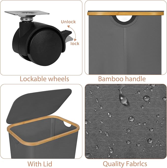 Laundry Basket with Wheels,100L Hampers for Laundry,Large Laundry Hamper with Lid and Bamboo Handles,Collapsible & Waterproof Tall Cloth Hamper for Dormitory Family,Grey
