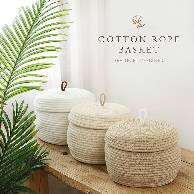 Sea Team Round Cotton Rope Storage Basket with Lid, Decorative Woven Storage Bin, Pot, Caddy, Organizer, Container for Snacks, Towels, Plants, 10 x 7.5 Inches (Small Size, Khaki)