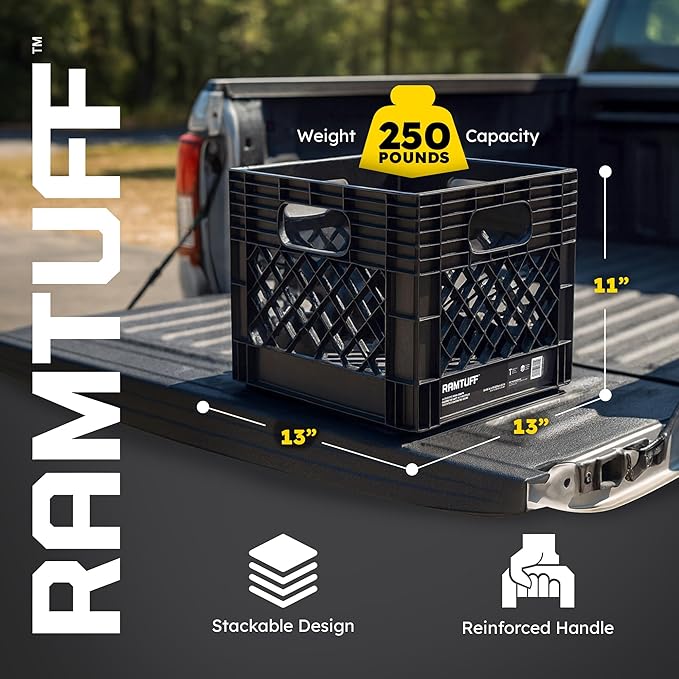 Ramtuff 1 Pack Storage Milk Crate, Durable Plastic Home Organizers, Stackable Box Set with Reinforced Handles, 250 lb Load Capacity, Black