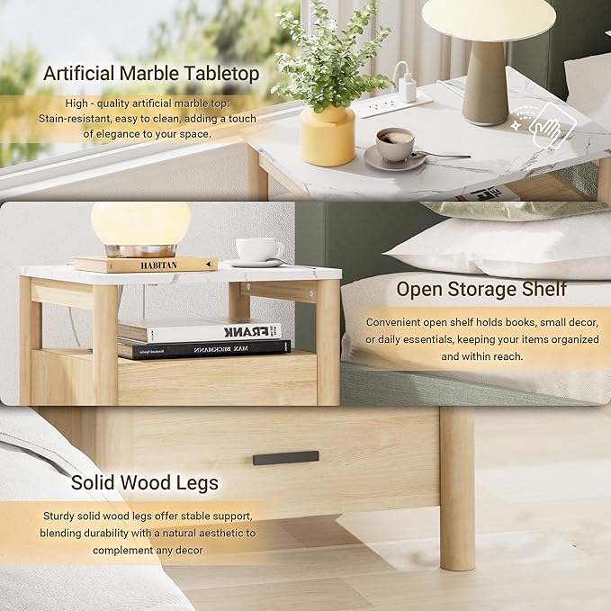 Night Stand with Charging Station, 20" Large Modern Nightstand with Faux Marble Top, 2 Drawers End Table with Solid Round Post Legs & Open Shelf for Bedroom, Natural Oak