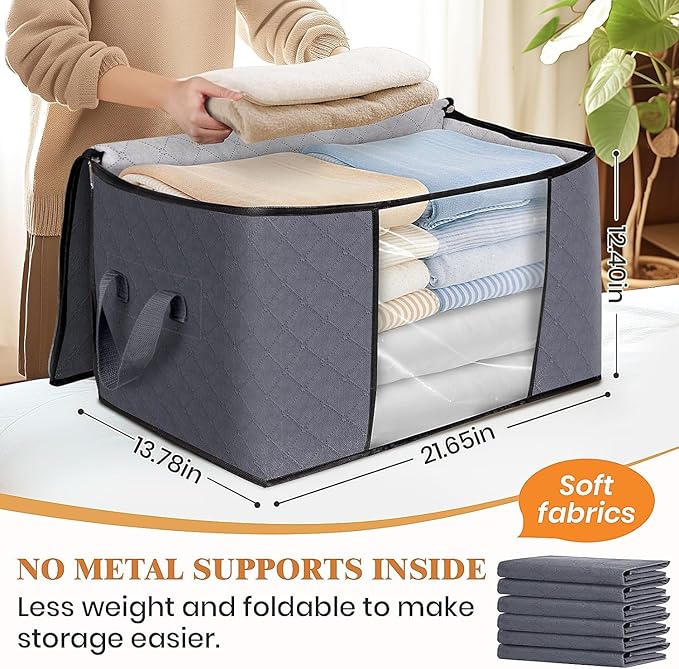 Large Clothes Storage Bags 8 Pack, Foldable Closet Organizers with Durable Breathable Fabric & Clear Window for Blankets, Comforters, Pillows, Bed Sheets, Toys & Seasonal Clothing (Gray)