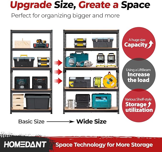 HOMEDANT 5 Tier Storage Shelves Adjustable Laminated Boltless Garage Metal Shelving Unit Heavy Duty Utility Rack Shelf Warehouse Pantry Closet Kitchen (3, (XL Deep) 48.1" W, Black)
