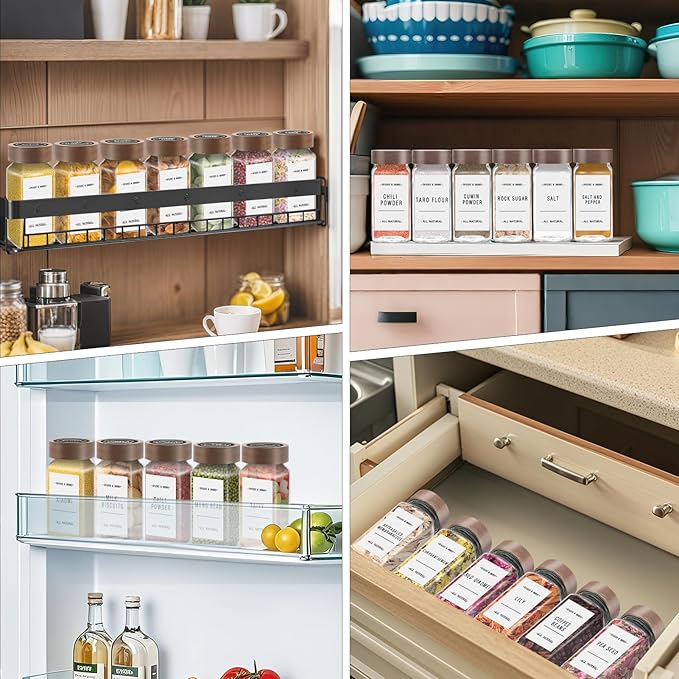 ZEHIQ 48Pcs Glass Spice Jars with Acacia Wood Lids, 4 oz Square Seasoning Containers with Labels, Seasoning Jars with Shaker Lids, Chalk Pen, Funnel, Cleaning Brush, Spice Bottles for Cabinet, Drawer