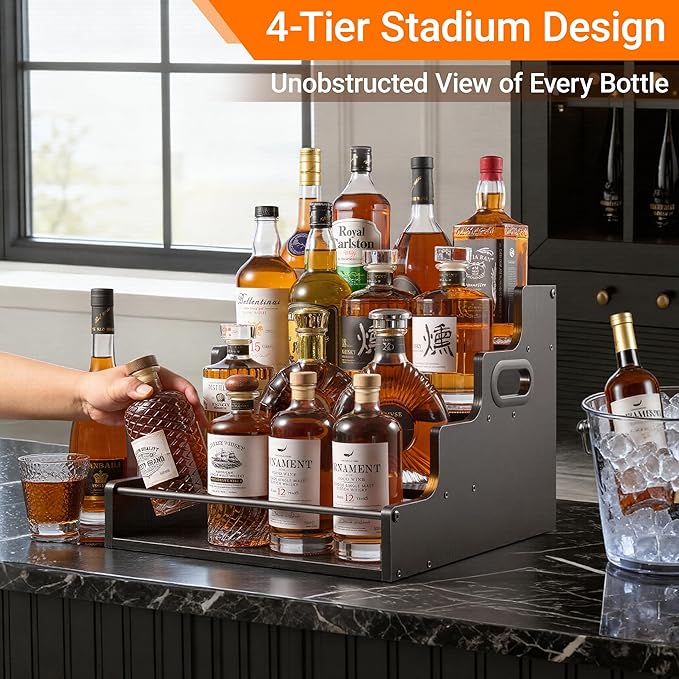 4-Tier Liquor Bottle Display Shelf, Coffee Syrup Rack Organizer, Water Bottle Organizer, Mini Bar Cabinet, Rustic Bar Shelves for Liquor Whiskey, Spirits（Black）