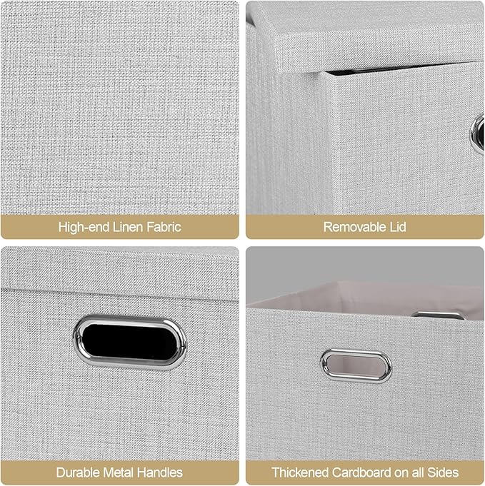 Posprica Storage Bins with Lids,13×13×13 Foldable Storage Cube Baskets Boxes Fabric Drawers for Closet Shelf Cabinet Bookcase,Set o f 4,Sliver grey
