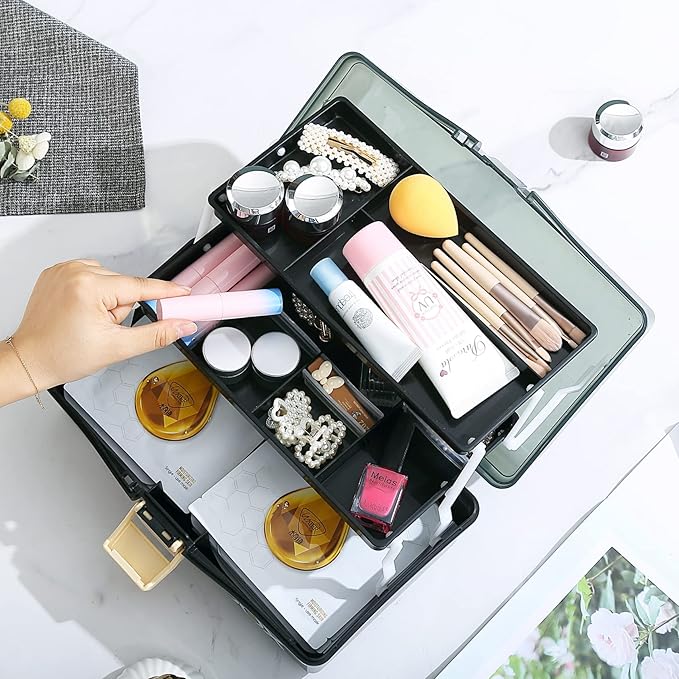 12'' Three-Layer Clear Plastic Storage Box/Tool Box, Multipurpose Organizer and Portable Handled Storage Case for Art Craft and Cosmetic (Black)