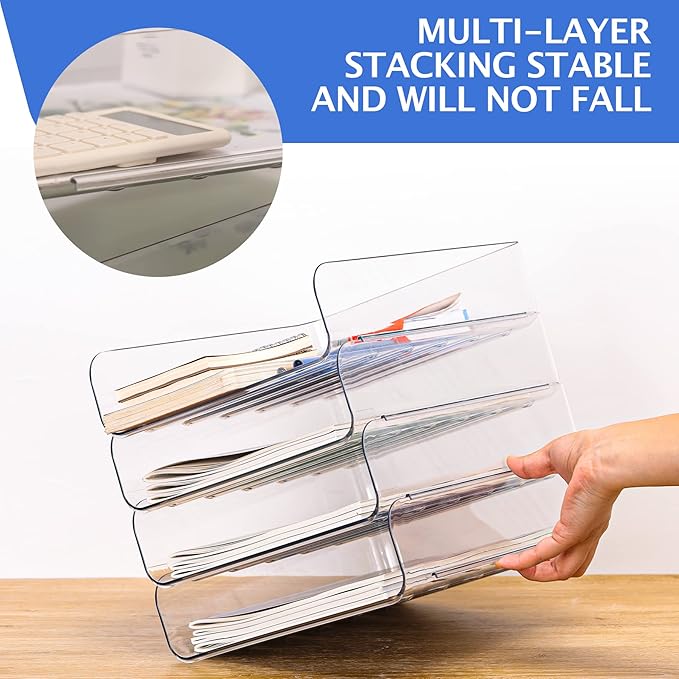 Set of 4 Office Organization and Storage, Clear PET Letter Tray Desk Organizer, Stackable Document and File Paper Organizer for Office Supplies