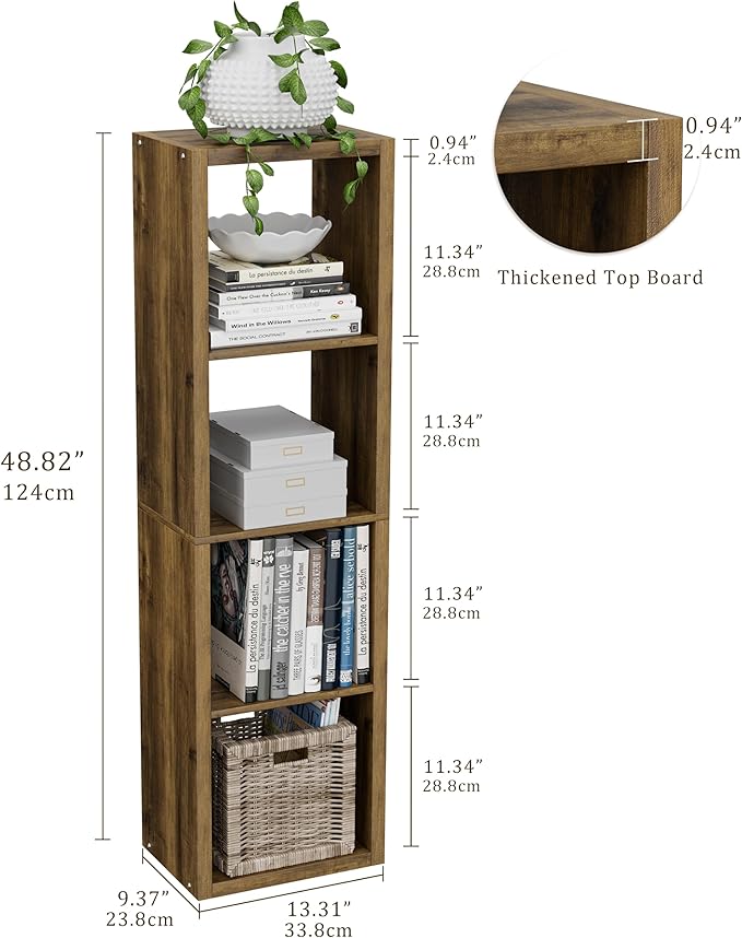 Cube Storage Organizer Bookcase, Small 4 Tier 11 inch Open Back Cubical Shelf with Thickened Border, Display Bookshelf for Living Room, Home Office, Sturdy Room (Brown, 4 Cube,Vertical)