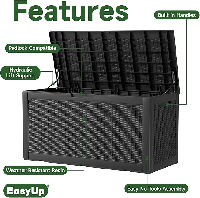EasyUp 120 Gallon Outdoor Storage Box Waterproof, UV Resistant Resin Deck Box with Hydraulic Rod, Reinforced Stability for Patio, Garden, Rattan Black