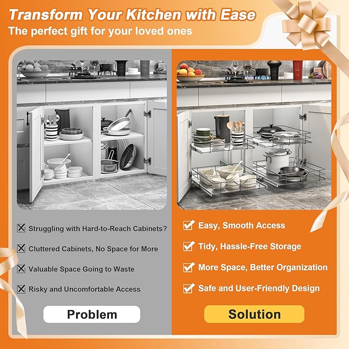 ALINE FURNITURE 2-Tier Pull Out Cabinet Organizer - 23" W x 22" D Soft Close Pullout Shelves with Shelf Liners - Slide Out Drawers for Kitchen Cabinets, Pantry, Bathroom, Heavy Duty Steel Wire Baskets