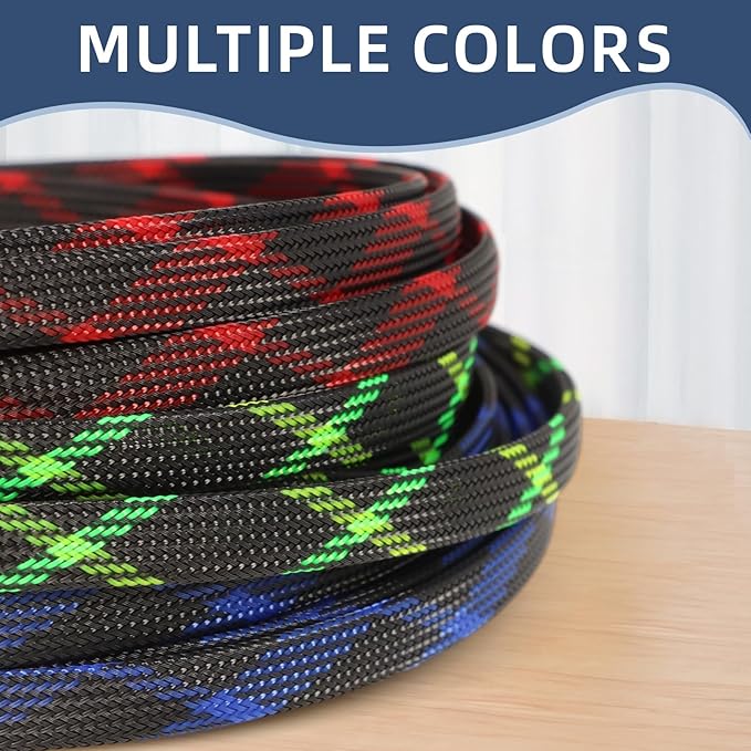 Expandable Braided Sleeving, PET Automotive Wire Loom, Flexible Cable Management for Audio Video and Other Home Device, Cord Protector from Pets (Black Green Yellow, 13/16" x 25ft)