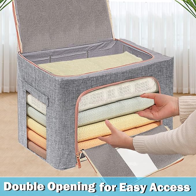 Large Storage Bags,Stackable Clothes Storage Bins with Hold Shape Metal Frame,Foldable Closet Organizer Containers with Zipper,Clear Window,Thick Fabric for Seasonal Clothing (Beige, 100L x 4 Pack)
