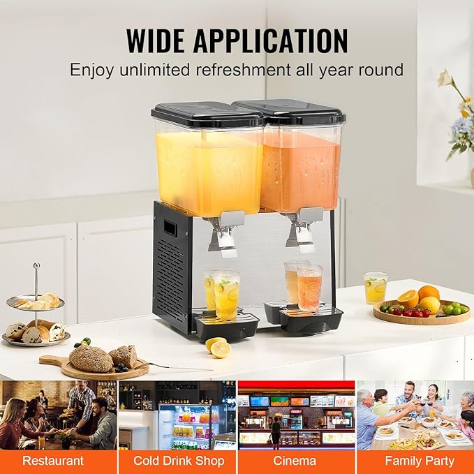 VEVOR Commercial Beverage Dispenser, 2 Tanks 18 L / 19 QT Per Tank Juice Dispenser, 370W Stainless Steel Ice Tea Drink Machine with 45°F-54°F Cooling Temperature, for Cold Drink Restaurant Bar Party