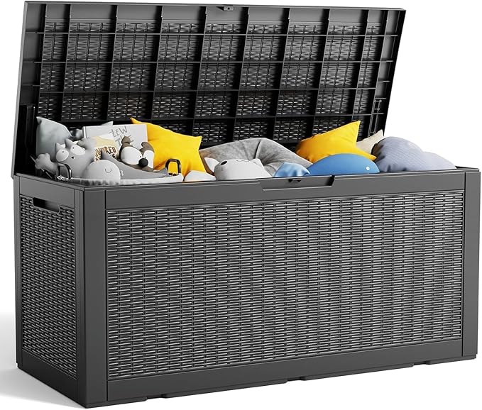 100 Gallon Deck Box,Resin Outdoor Storage Box with Lockable for Patio Furniture, Pool Accessories, Garden Tools Waterproof Outside Storage Box, Black Pattern