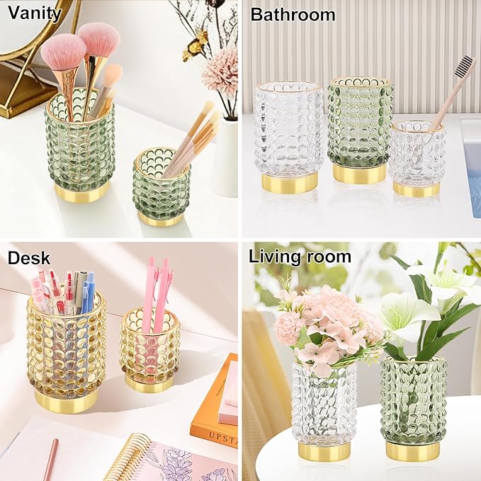 DASITON Makeup Brush Holder Organizer, Crystal Cosmetic Make Up Brush Holder, Glass Makeup Brushes Storage Organizer, Vintage Make Up Cup Desk Pen Pencil Holder, Toothbrush Holders (Clear L)