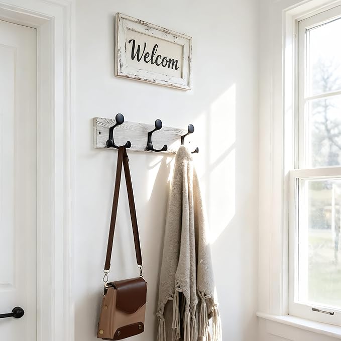 SKOLOO 17-Inch Wood Coat Rack Wall Mount with 3 Triple Hooks - Ideal for Family Entrances, Classrooms, and Pet Supplies Storage - Perfect Coat Hooks for Wall,Distressed White Wash, Pack of 2