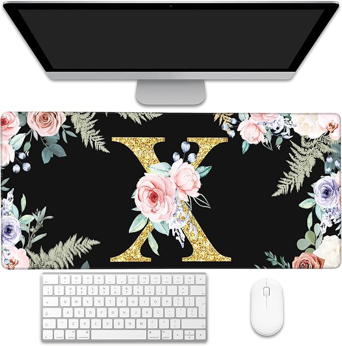 Large Gaming Mouse Pad for Desk, Flower Golden Letters X Desk Mat, 35.4"x15.7" Big Mouse Pad with Non-Slip Base and Stitched Edge, Long Computer Keyboard Mouse Mat for Home Office Work