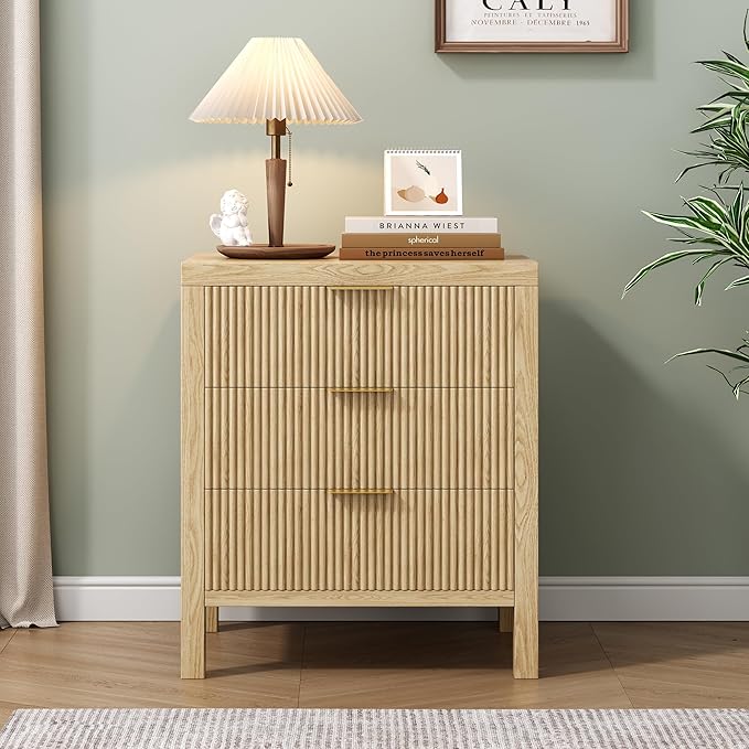 3 Drawer Dresser, Mid Century Modern Chest of Drawers with Waveform Panel, Large Fluted Dresser with Wide Drawers Wood Storage for Bedroom, Hallway, Entryway, Nature