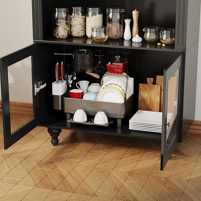 Wooden Arched Display Storage Cabinet with Glass Door, LED Lights,Showcase for Collections, Perfume, Vinyl Albums, Bookcase for Home Office, Living Room, Clinic, Pantry (Black-Arched top)