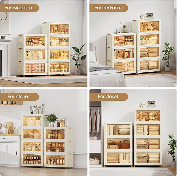 JEKO&JEKO 432 Qt Plastic Storage Bins with Lids, Doors & Wheels, 4 Pack Extra Large Stackable Collapsible Storage Cabinets and Closet Organizers for Home Office, Cream
